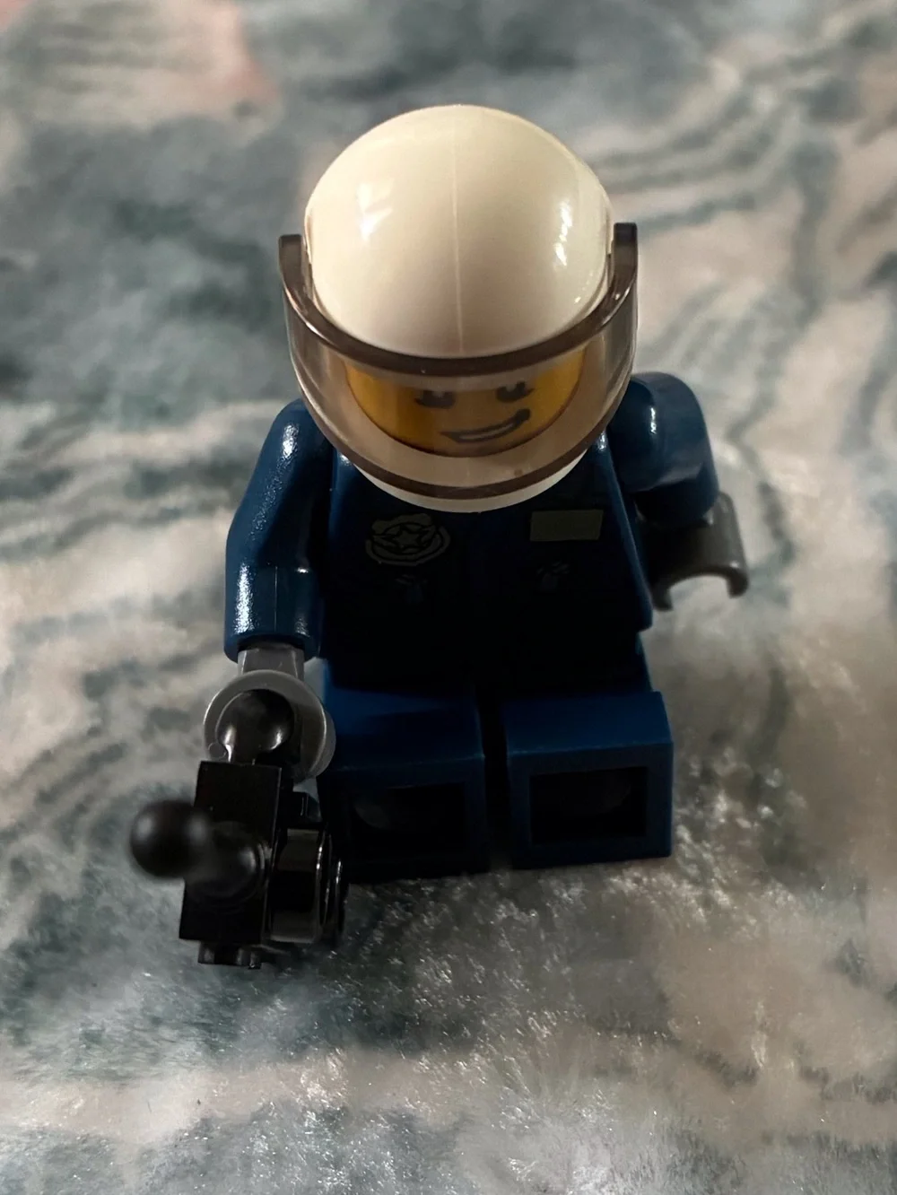 Navy Blue Police Minifigure with Radio and White Visor Helmet